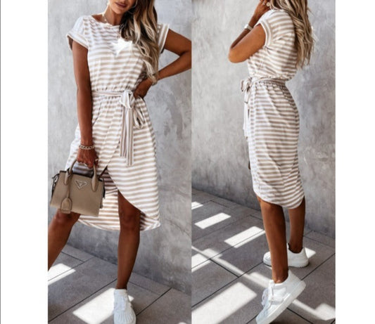 New Style Short Sleeved Round Neck Striped Dress Lace Up Waist Women's Skirt