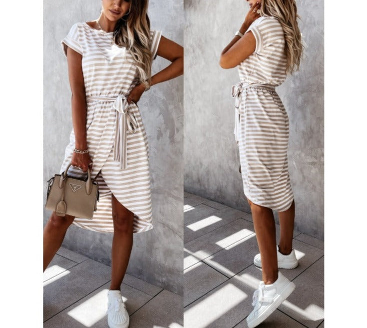 New Style Short Sleeved Round Neck Striped Dress Lace Up Waist Women's Skirt