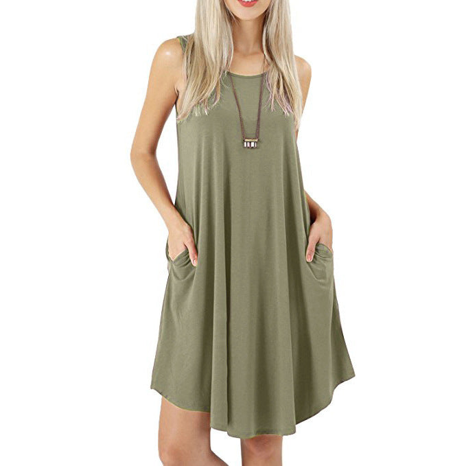 Summer Sleeveless Pocket Casual Vest T Shirt Big Swing Dress