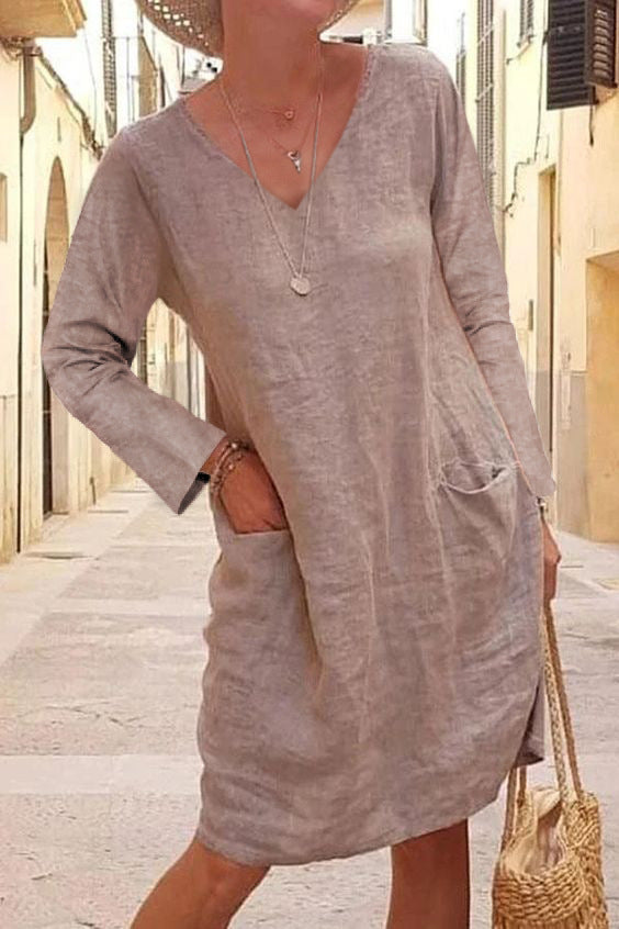 Cotton Linen V-Neck Dress with Pockets: Casual and Comfortable Women's Dress