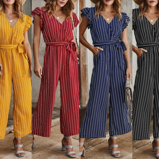 Casual Striped Jumpsuit with Sexy Lotus Leaf Sleeves for Women