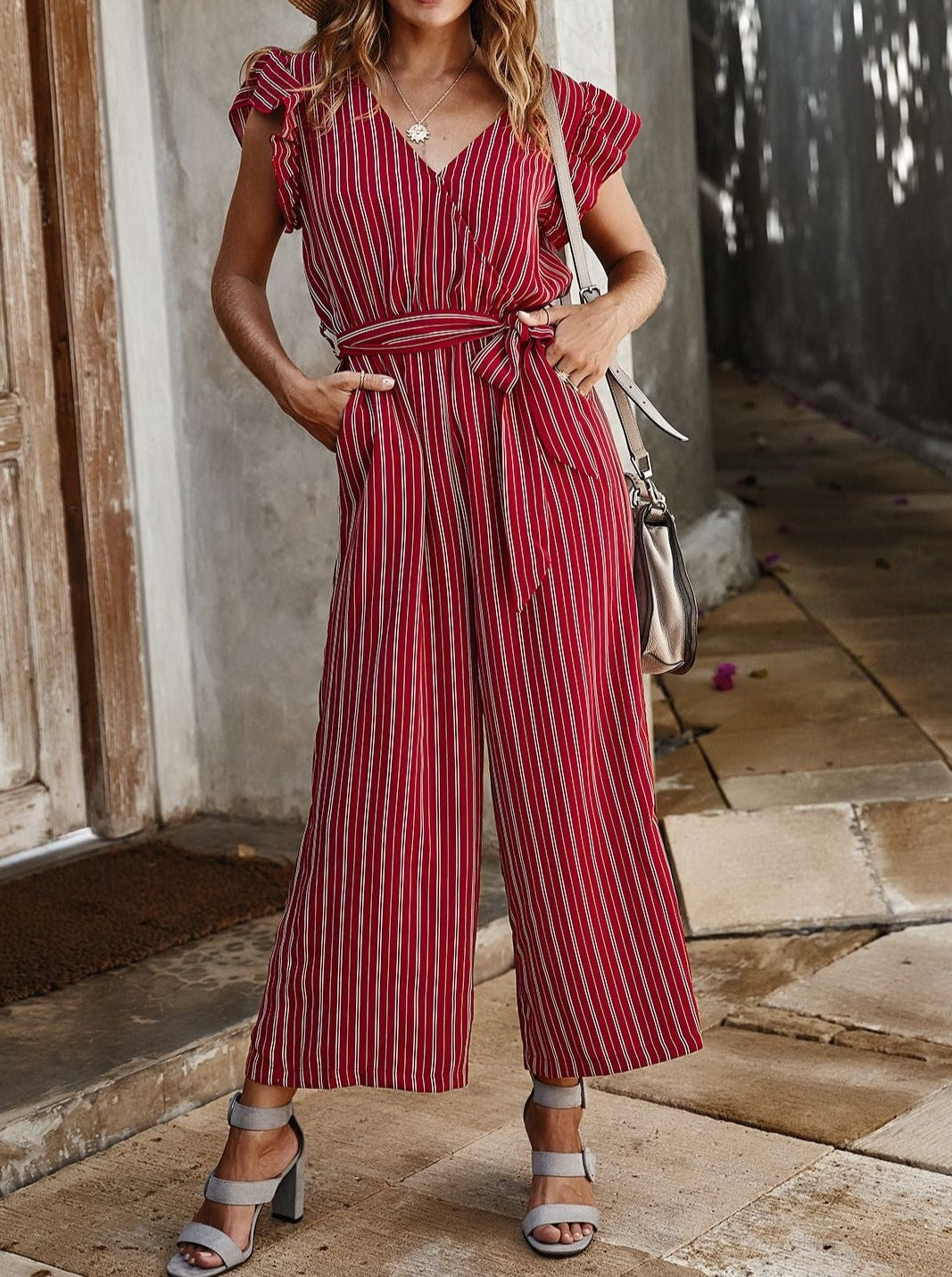 Casual Striped Jumpsuit with Sexy Lotus Leaf Sleeves for Women