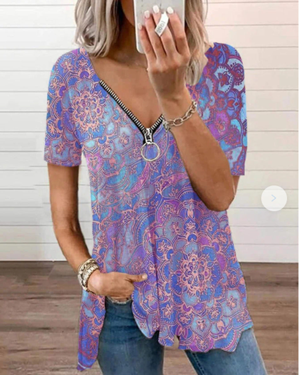 Summer New Sexy V-Neck Short-Sleeved Printed T-Shirt with Zipper Detail