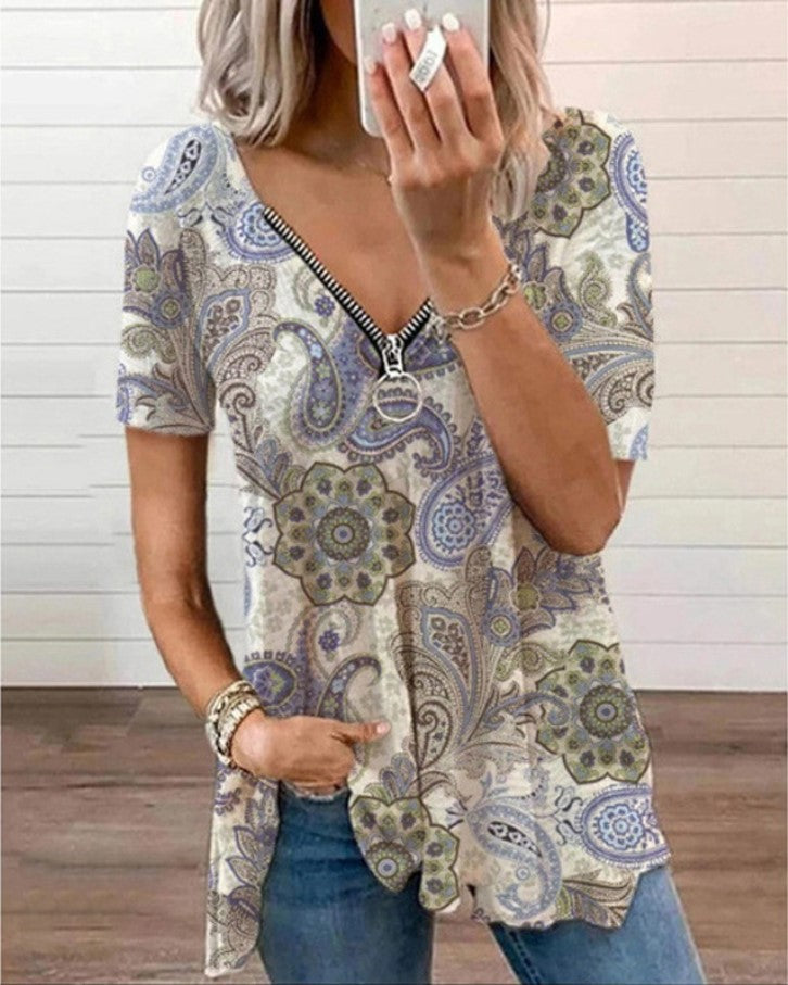 Summer New Sexy V-Neck Short-Sleeved Printed T-Shirt with Zipper Detail