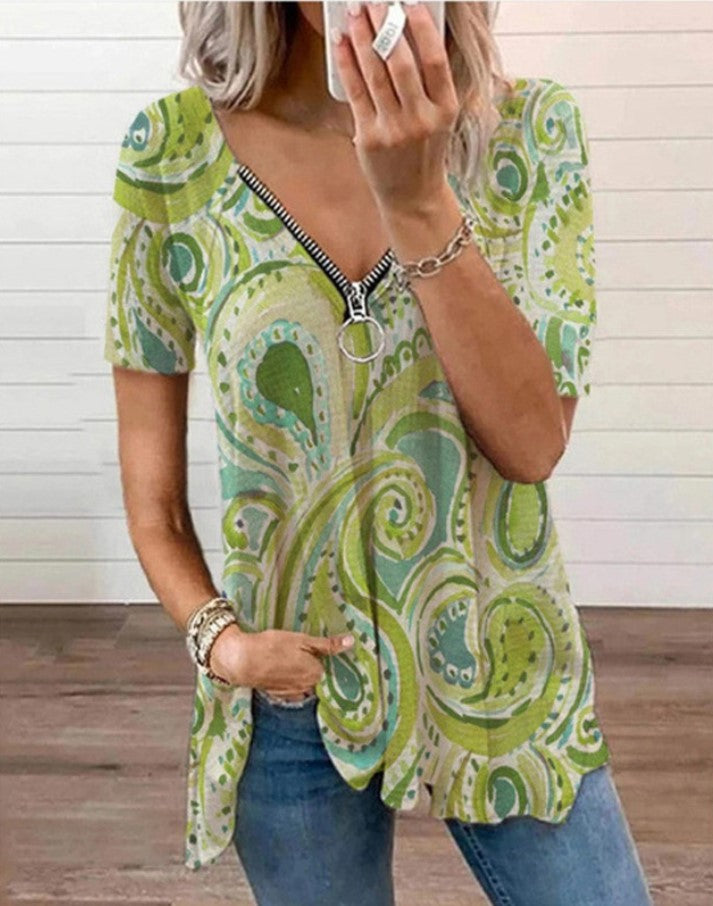 Summer New Sexy V-Neck Short-Sleeved Printed T-Shirt with Zipper Detail