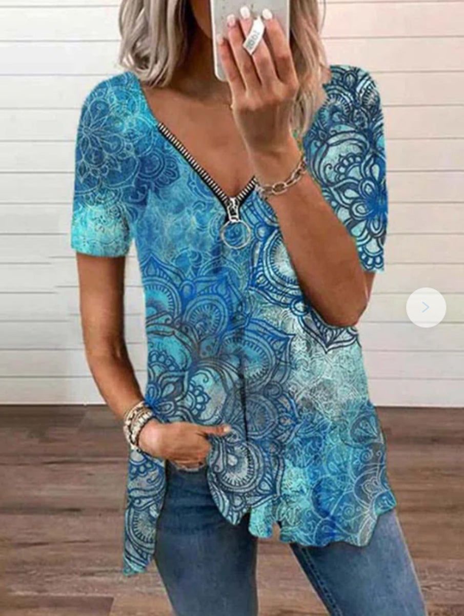 Summer New Sexy V-Neck Short-Sleeved Printed T-Shirt with Zipper Detail
