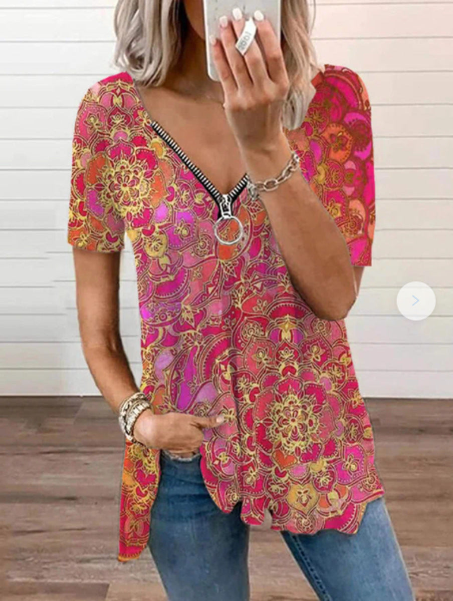 Summer New Sexy V-Neck Short-Sleeved Printed T-Shirt with Zipper Detail