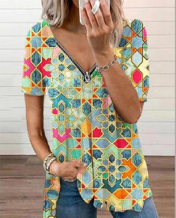 Summer New Sexy V-Neck Short-Sleeved Printed T-Shirt with Zipper Detail