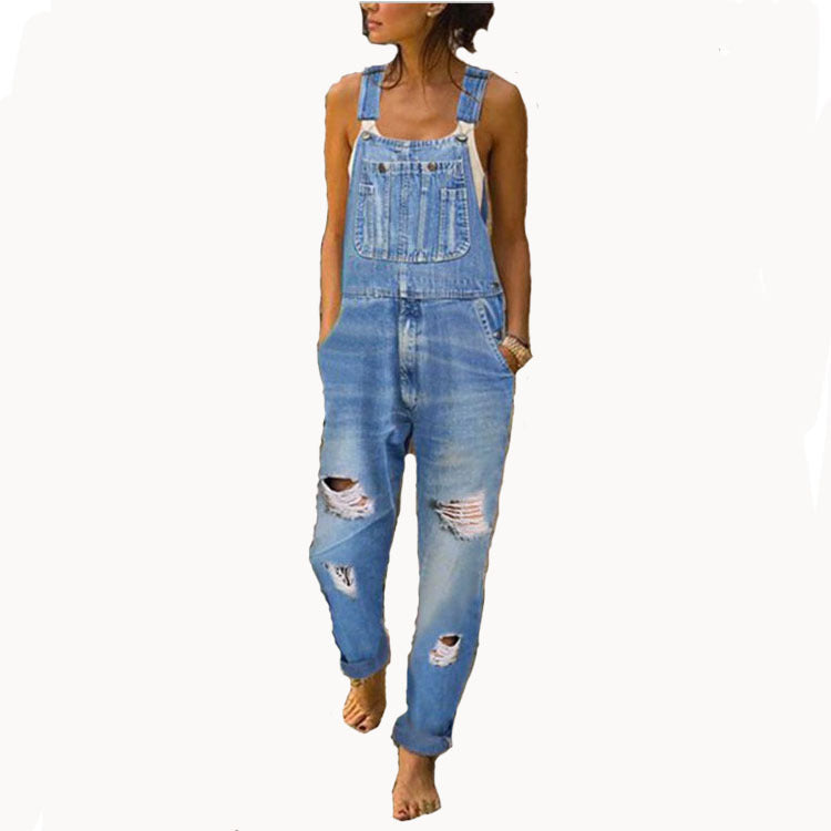 Ladies' Denim Overalls With Holes And Thinner Women's Overalls With Trousers