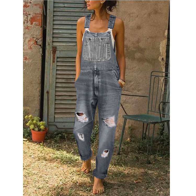 Ladies' Denim Overalls With Holes And Thinner Women's Overalls With Trousers