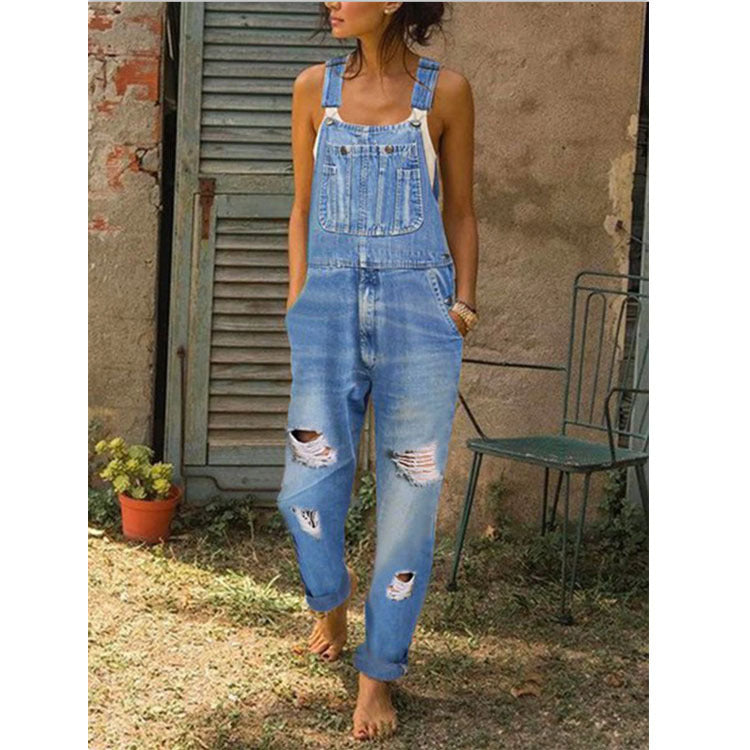 Ladies' Denim Overalls With Holes And Thinner Women's Overalls With Trousers