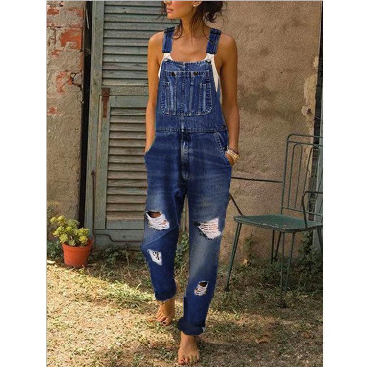 Ladies' Denim Overalls With Holes And Thinner Women's Overalls With Trousers