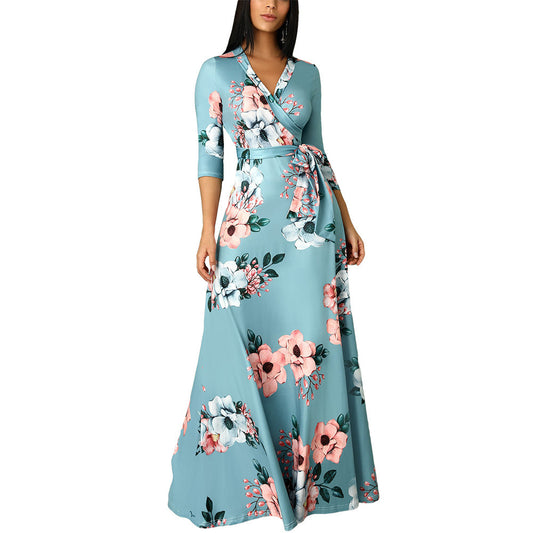 V-Neck Evening Dress Three-Quarter Sleeves and Printed Design for Women