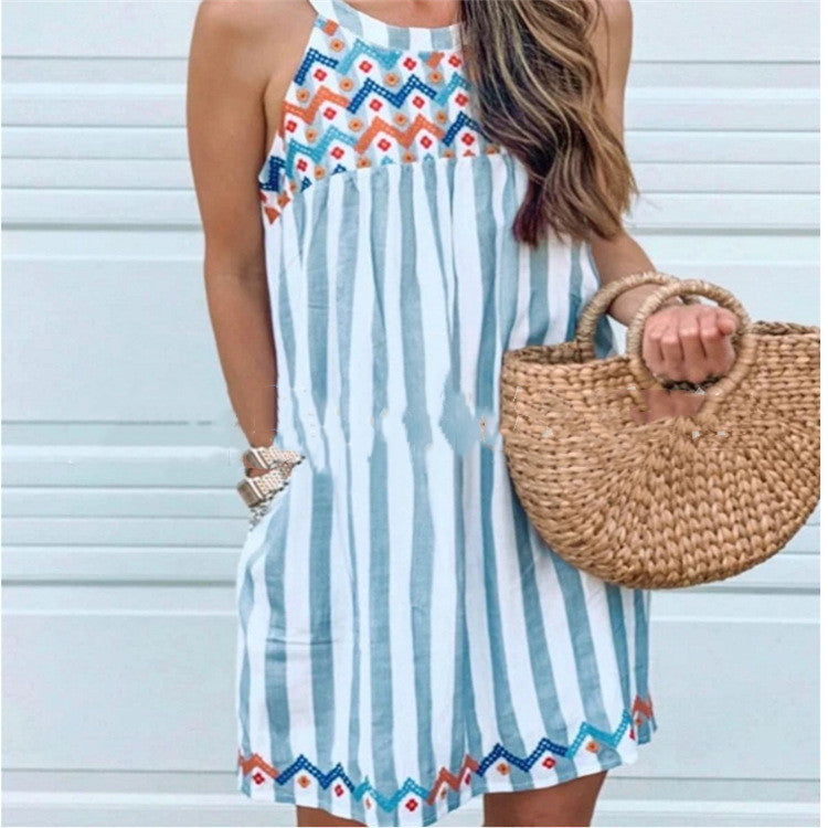 Round Neck Dress with Striped Embroidery