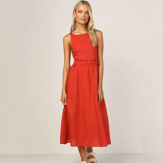 European And American Spring And Summer Cross-border New Independent Station Hot Sale  Back Solid Color Sexy Cotton And Linen Dress