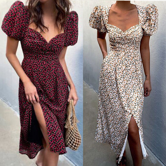 Summer New Floral V Neck Sweet Split Dress Women