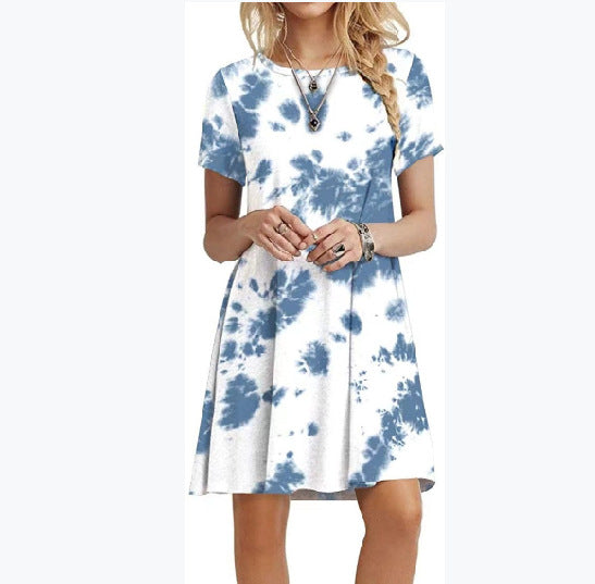 Round Neck Tie Dye Gradient Print Short Sleeved Loose Dress