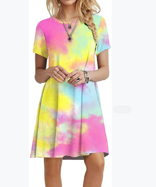 Round Neck Tie Dye Gradient Print Short Sleeved Loose Dress