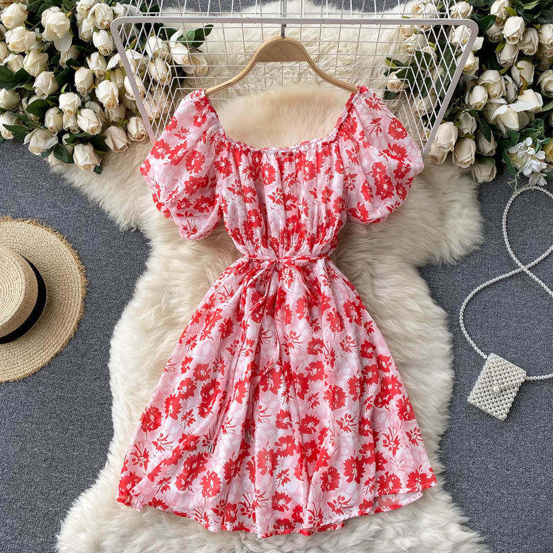 Women's Summer Puff Sleeve Slim Short Printed Dress