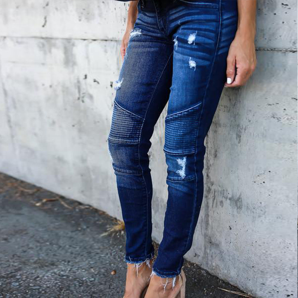 Pleated Ripped Elastic Pencil Skinny Jeans Women's Feet Pants