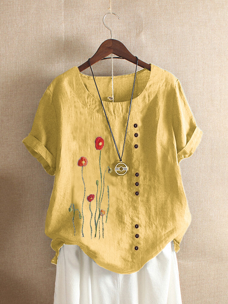 Short-Sleeved Round Neck Women's Blouse with Stylish Flower Embroidery