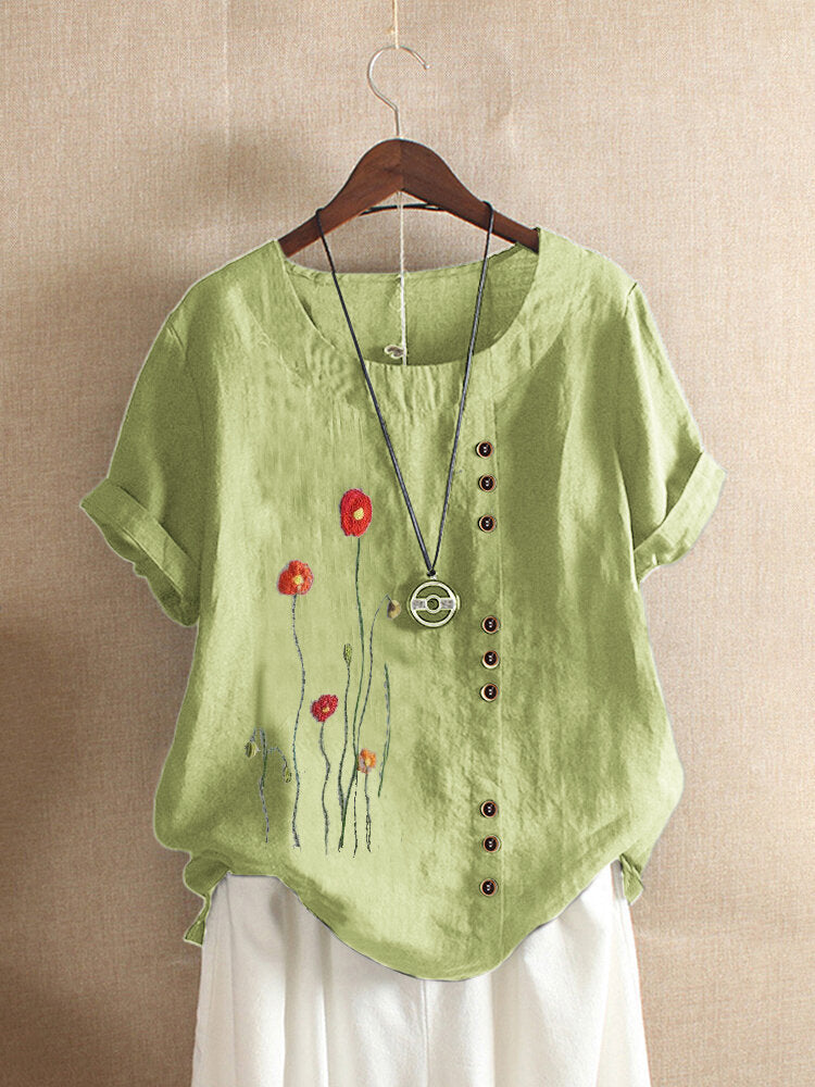 Short-Sleeved Round Neck Women's Blouse with Stylish Flower Embroidery