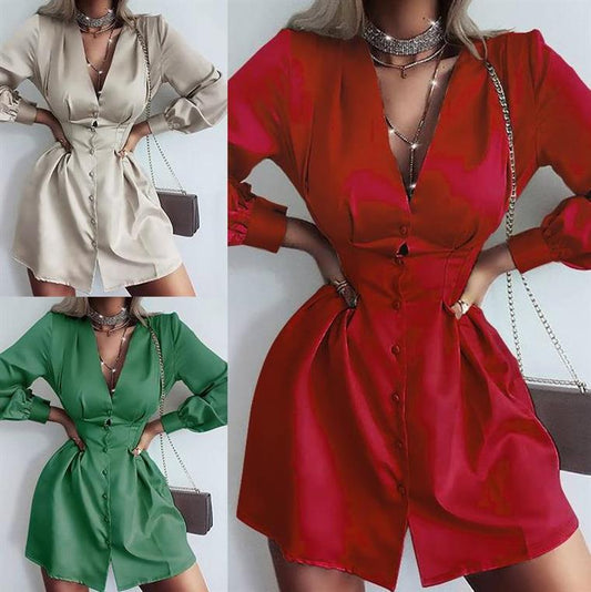 V-neck Ladies Dress Elegant Slim Shirt Long Sleeve Dress