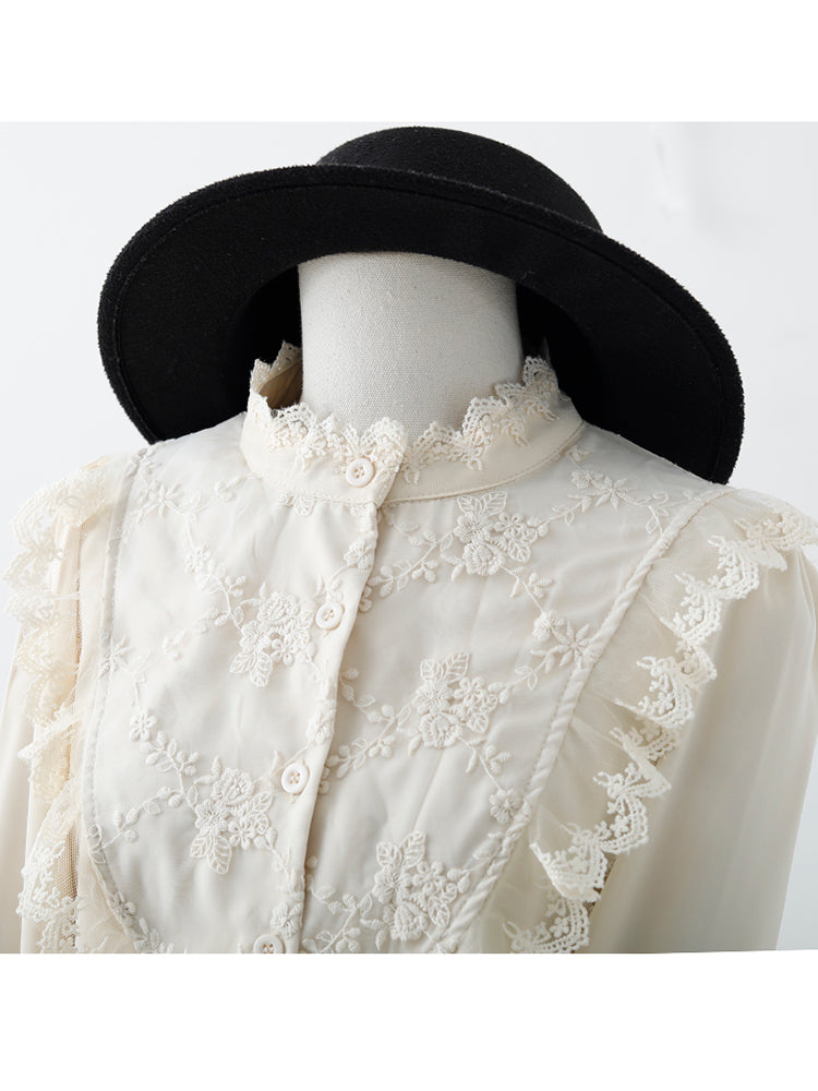 Vintage Lace Embroidered Shirt for Outerwear