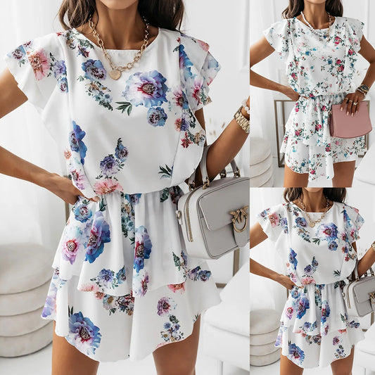 Women's Sleeveless Double Layer Dress with Loose Fit and Printed Ruffled Detail