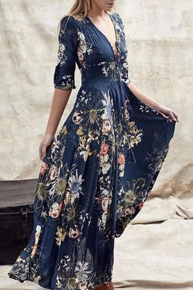 Bohemian Print V-Neck Dress with Button Detail and Three-Quarter Sleeves