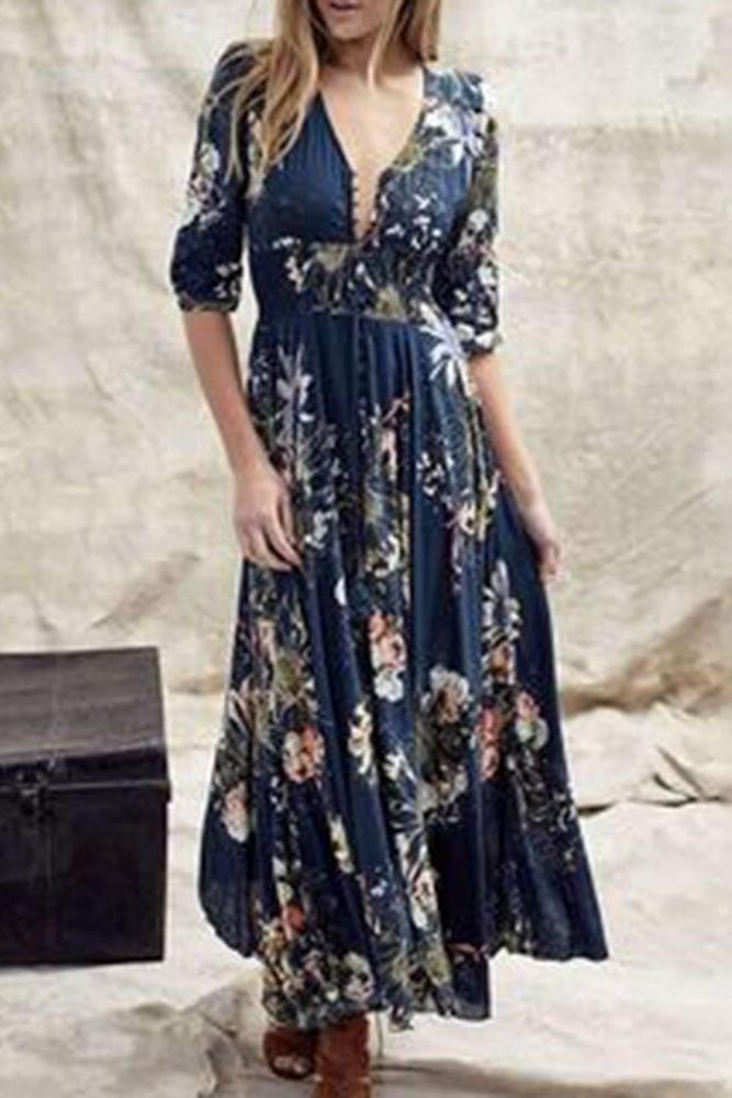 Bohemian Print V-Neck Dress with Button Detail and Three-Quarter Sleeves