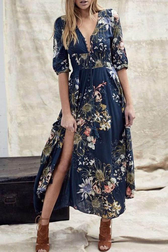 Bohemian Print V-Neck Dress with Button Detail and Three-Quarter Sleeves