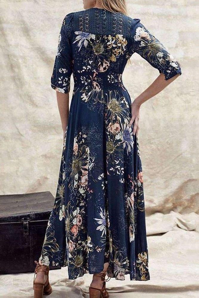 Bohemian Print V-Neck Dress with Button Detail and Three-Quarter Sleeves