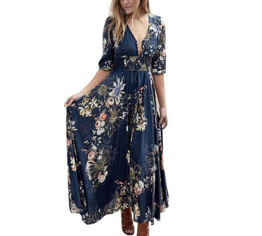 Bohemian Print V-Neck Dress with Button Detail and Three-Quarter Sleeves