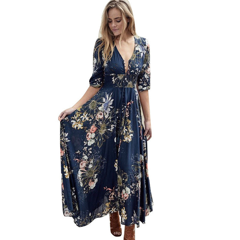 Bohemian Print V-Neck Dress with Button Detail and Three-Quarter Sleeves