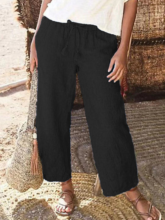 Drawstring Loose Wide-Leg Trousers Made from Cotton and Linen