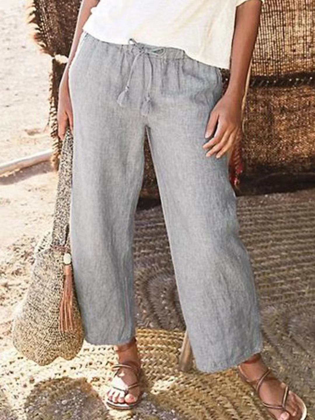 Drawstring Loose Wide-Leg Trousers Made from Cotton and Linen