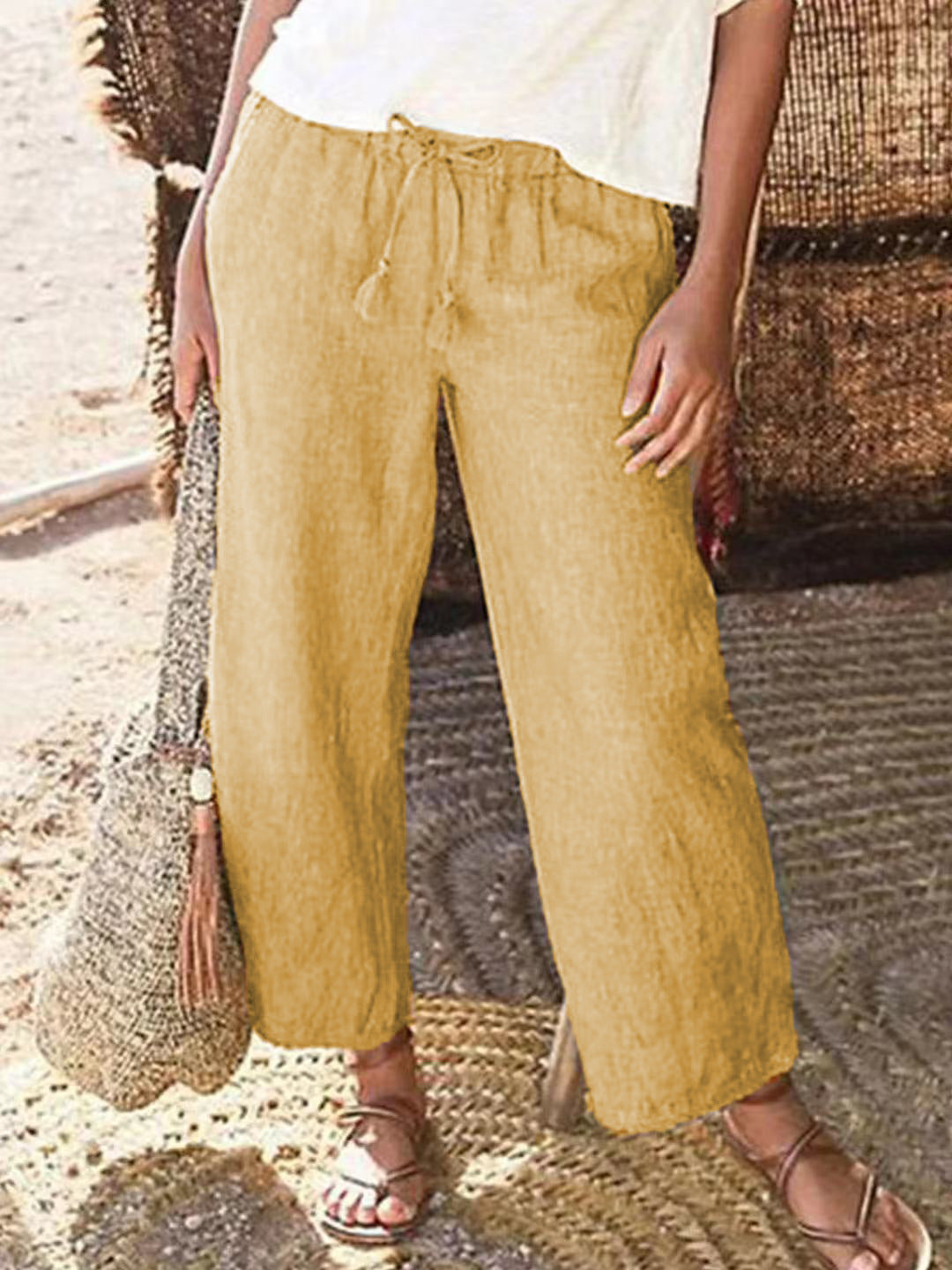 Drawstring Loose Wide-Leg Trousers Made from Cotton and Linen