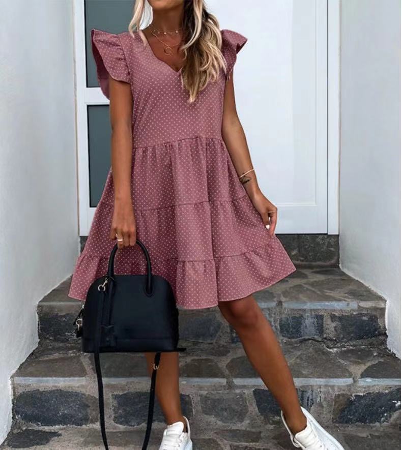 New Printed V Neck Printed Ruffle Dress Women