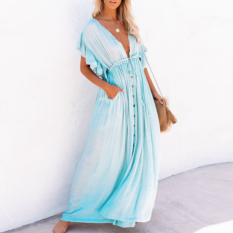 V-Neck Drawstring Sunscreen Beach Blouse Dress with Long Skirt