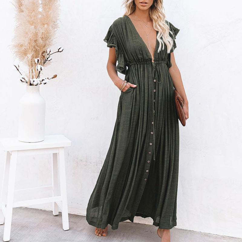 V-Neck Drawstring Sunscreen Beach Blouse Dress with Long Skirt