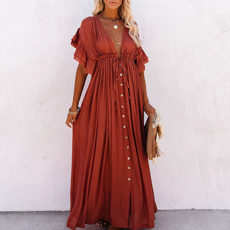 V-Neck Drawstring Sunscreen Beach Blouse Dress with Long Skirt