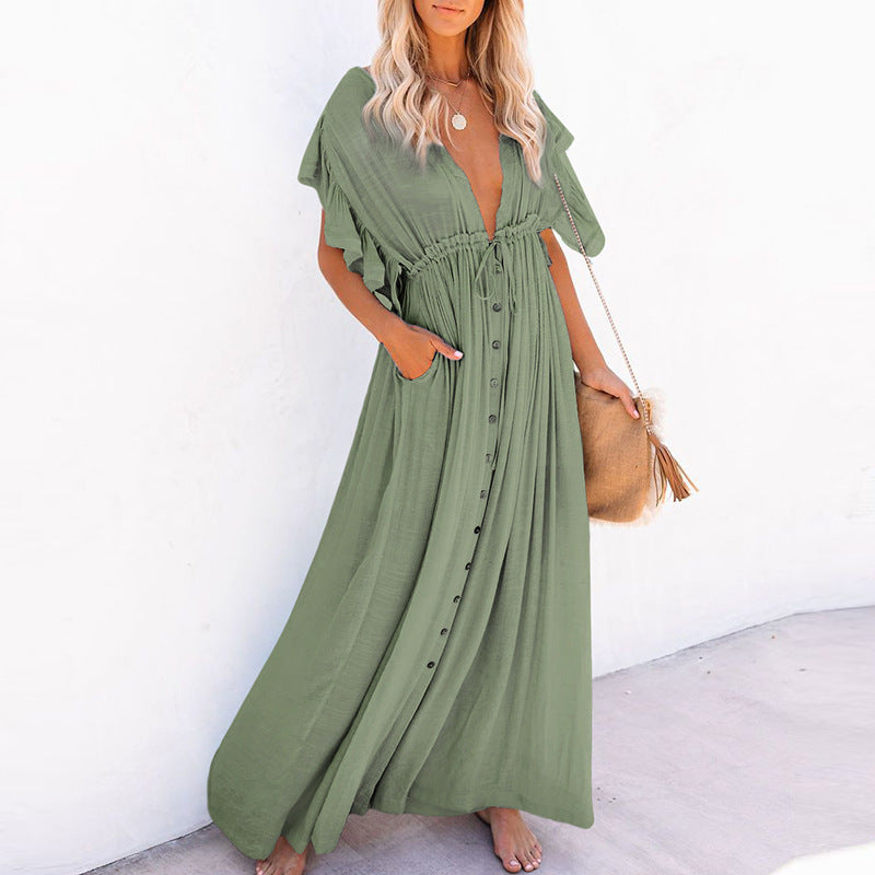 V-Neck Drawstring Sunscreen Beach Blouse Dress with Long Skirt