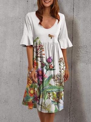 Multicolor Printed Skirt Dress with New Sleeves and Round Neck for Women