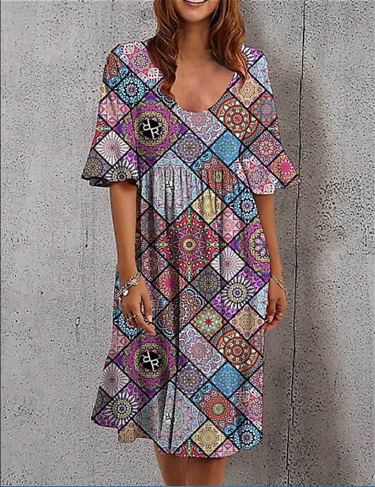 Multicolor Printed Skirt Dress with New Sleeves and Round Neck for Women