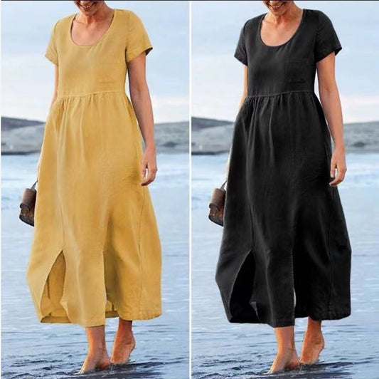 Midi Dress with Short Sleeves, Pocket Detail, and an Irregular Hem