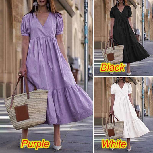 Casual Temperament Women's Short-sleeved V-neck A-line Skirt Dress With Straps