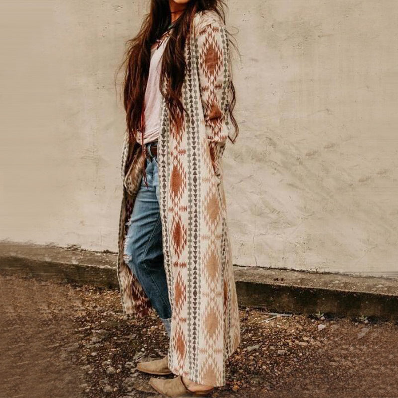 Printed Long Sleeve Long Knit Coat