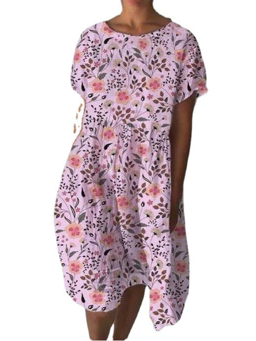 Printed Round Neck Sweet Short Sleeve Dress