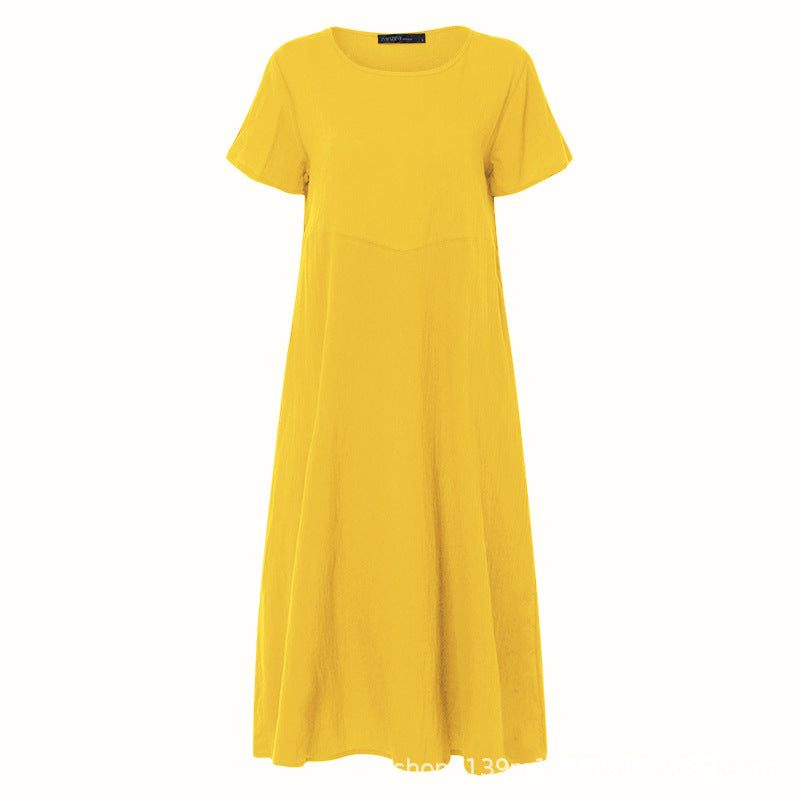 Loose solid color plus size cotton and linen dress